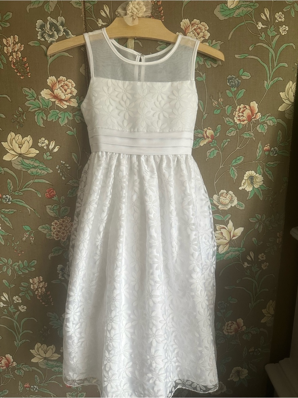 American Princess White Floral Lace Formal Dress with Sheer Yoke - Picture 2 of 4